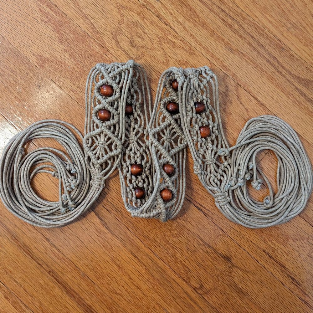 Women's Woven & Knotted Belt with Wooden Beads, Tan & Brown, 2.25" Wide